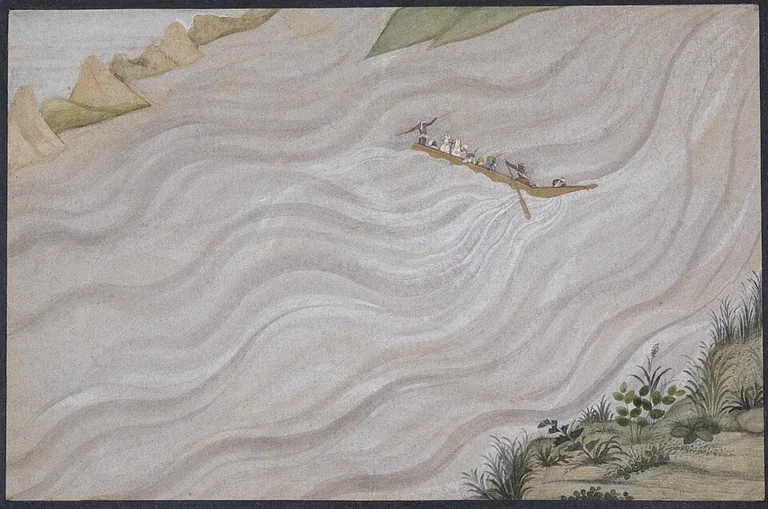 A small boat carries Rama, Sita, and Lakshmana across a broad, flowing river in an eighteenth-century painting.